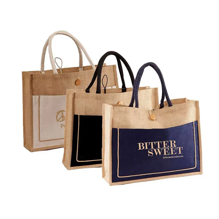 Wholesale Plain Hessian Shopper Bag Custom Printed Large Natural Eco Friendly Burlap Jute Shopping Tote Beach Bag With Logos