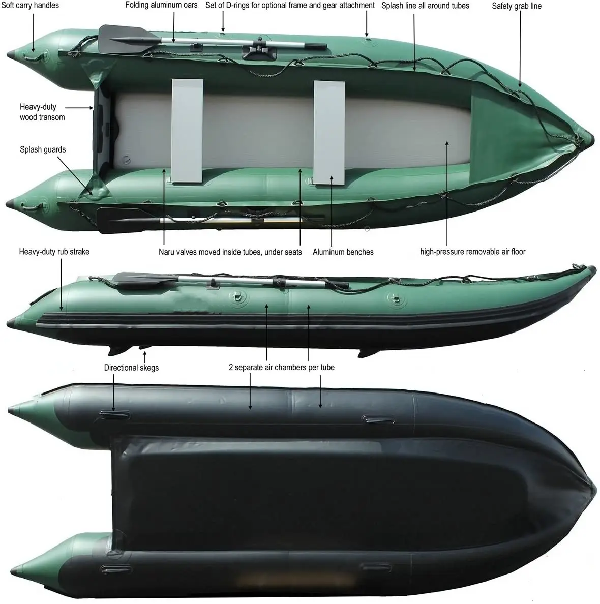 OHO Niedrige Preise 420cm aufblasbares Luftdeck Kaboat Green Extra Heavy-Duty Schlauchboot Kajak Crossover zum Angeln