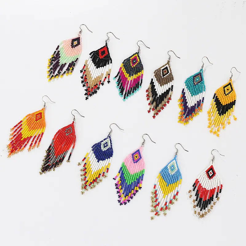 European and American color rice bead earrings minority ethnic style handmade jewelry personality Bohemian tassel earrings
