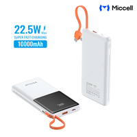 Miccell Pengisi Daya Cepat 22.5W PD 10000mAh Baterai Eksternal Dengan Layar LED Pengisi Daya Kabel Terintegrasi Pengisi Daya Untuk iPhone Android