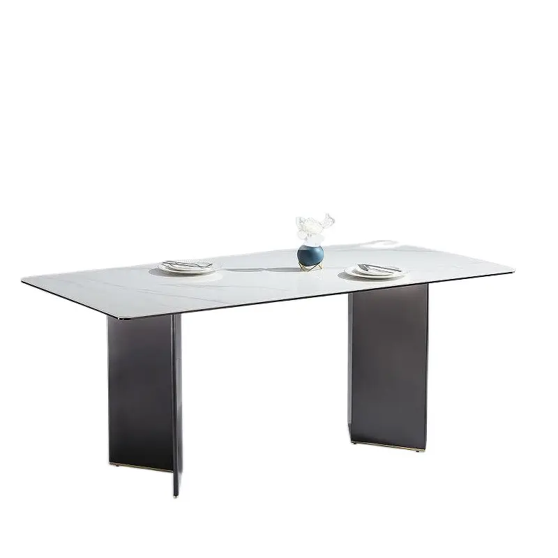 ミニマリストダイニングテーブルダブルメタルエンドフィートベース長方形光沢焼結大理石石スレートダイニングテーブル