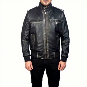 Chaqueta Bomber de Cuero Genuino Negro para Hombre, Cuello Alto, Epaulettes, Bolsillos con Cremallera, Piel de Oveja, Estilo Biker Desgastado, Abrigo de Invierno Personalizado - Product Image 1