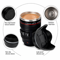 Mug à café personnalisé avec logo, 14 oz, en acier inoxydable à double paroi, isolé, anti-fuite, avec couvercle, en forme d'objectif d'appareil photo, idéal pour un cadeau