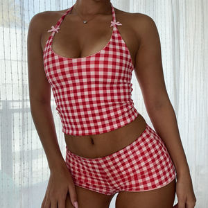 Women's Striped Casual 2-Piece V-Neck Crop Top and Low-Rise Shorts <b>Set</b> with Digital Printing Summer Daily Wear - Product Image 3