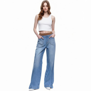 <strong>Pull</strong> <strong>on</strong> Wide Leg Jeans for <strong>Women</strong> Breathable Casual Midi Waist Stretchy Trendy Tummy Control Straight Leg Denim Pants - Product Image 1