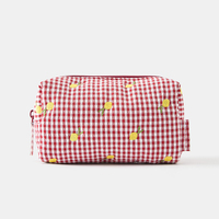 Prix d'usine Trousse de maquillage et de toilette en coton tendance à motifs personnalisés, avec broderie mignonne et motif gingham fruits