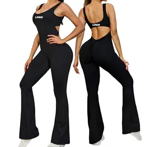 Sin costuras mujeres Sexy ahueca hacia fuera la belleza espalda V cintura melocotón cadera pierna ancha Campana-bottoms piel desnuda amigable Yoga Flare monos