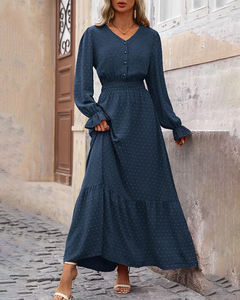 Vestidos Casuales <span class=keywords><strong>de</strong></span> Fiesta para Vacaciones en la <span class=keywords><strong>Playa</strong></span> para Primavera Verano, Vestido Largo para Mujer, Color Sólido, Manga Larga, Botones en la Parte Delantera, Cintura Elástica con Volantes - Product Image 4