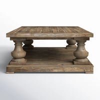 Table basse rustique en bois massif, pieds en balustre avec étagère inférieure pour salon