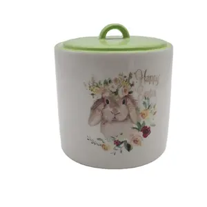 Happy ceramic easter bunny jar creative unique cookie candy food storage bottle jar with rabbit decal