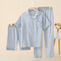 Pyjamas d'été pour femmes en gaze de coton pur respirante, style japonais minimaliste à carreaux, ensemble trois pièces fin à manches courtes