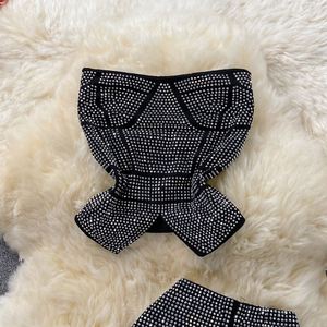 Women Y2k Casual Solid Short <b>Sequined</b> Beading Strapless <b>Top</b> High Waist Pants 2-Piece Set - Product Image 2