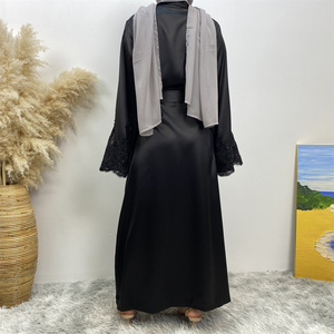 Satén grueso nuevo frente abierto Abaya con bolsillos laterales mujeres negro <span class=keywords><strong>corona</strong></span> moda encaje Abayas cárdigan Eid 2024 - Product Image 5