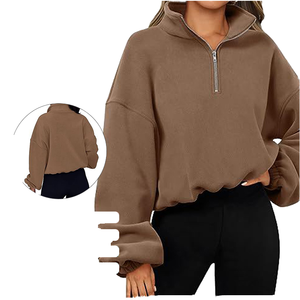 Sweat-shirt oversize en velours côtelé pour femme, col montant zippé, épaules tombantes, manches longues, couleur unie, haut décontracté pour l'été et l'automne - Product Image 1