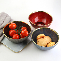Bol à salade de nouilles soupe en verre, inoxydable de haute qualité avec bordure dorée et ensemble d'assiettes à gâteau rondes en verre transparent pour la cuisine de la maison