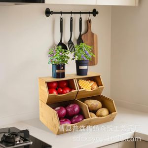 Cesta apilable de madera maciza para almacenar verduras con compartimentos para la cocina del hogar, ecológica, de forma rectangular - Product Image 3