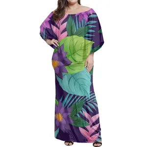섬 디자인 하와이 열대 식물 인쇄 숙녀 캐주얼 드레스 오프 어깨 맥시 드레스 목도리 여성 긴 판초 드레스