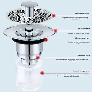 แกนป๊อปอัพป้องกันแมลงกันการรั่วซึมทำจากทองเหลืองสำหรับอ่างอาบน้ำในห้องน้ำที่ทันสมัยแบบกดตัวกรอง304กันแมลงป้องกันการอุดตันกันการรั่ว - Product Image 1