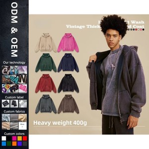 Marque de mode américaine Vêtements pour hommes 400G Automne Hiver Sweatshirt lavé Retro Velvet Double Zipper Hooded Cardigan Solid - Product Image 1
