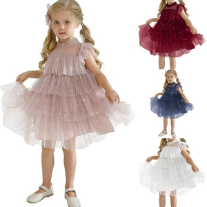 Robe mi-longue scintillante pour enfants, robe de mode pour filles avec motif étoile en maille, manches courtes, design gâteau avec tulle bouffant, offre ODM - Product Image 1