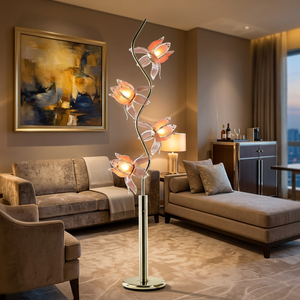 Modern Art Floral <b>Floor</b> <b>Lamp</b> 4 Blooms Lotus <b>Lamp</b> Warm Glow Gold S Stem Decor Standing Light for Villa Hotel B&B - Product Image 3