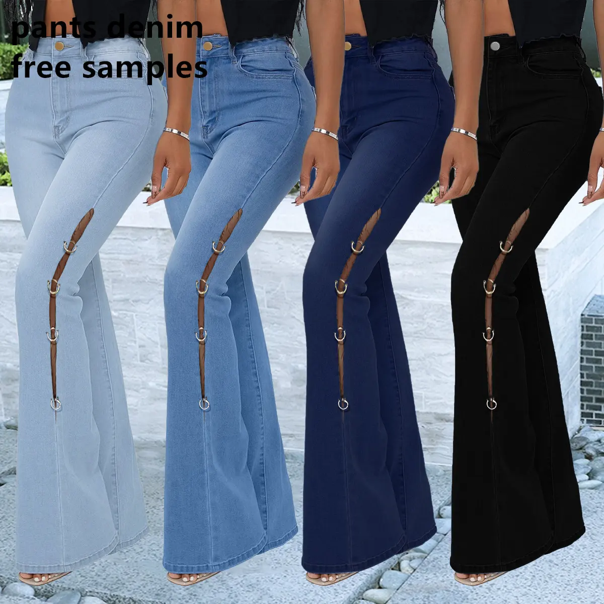 2022 Dropshipping Wholesale New style women fashion metal decoration flare women jeans pants denim for lady