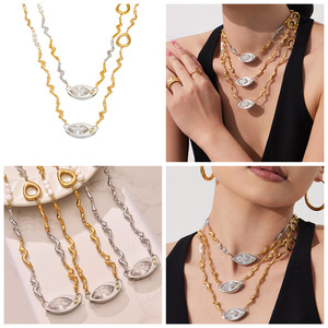 <span class=keywords><strong>Collar</strong></span> de Perlas y Circonitas Marquise con Diseño Nuevo 2026, Cadena de Acero Inoxidable Texturizada, Joyería Elegante para Mujer, Venta al por Mayor - Product Image 2