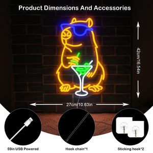 Enseigne néon Capybara Cocktail, lumière LED USB. Idéal pour la chambre à coucher, la chambre <span class=keywords><strong>de</strong></span> bébé, la cave des hommes, le bar et la décoration <span class=keywords><strong>de</strong></span> fête. - Product Image 2