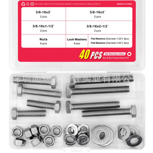 Stainless Steel Hex Bolt Set 3/8-16x2 3/8-16x3 3/8-16x1-1/2 3/8-16x2-1/2 Nuts Washers Assortment Kit 40 Pcs - Product Image 1