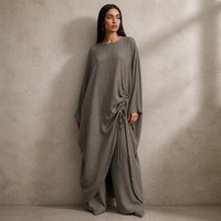 Set Abaya Dua Potong Mexizo untuk Wanita, Atasan Lengan Lonceng Panjang dan Celana Kaki Lebar dengan Desain Tali Serut Samping yang Dapat Disesuaikan, Model Longgar