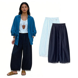 <span class=keywords><strong>Pantalon</strong></span> court d'été respirant en lin/coton pour <span class=keywords><strong>femme</strong></span>, coupe large, taille mi-haute, ourlet ajouré, léger, idéal pour la vente en gros - Product Image 1