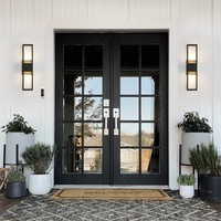 Porte d'entrée double française sur mesure en fer forgé avec vitrage à grille divisée et deux panneaux latéraux pour l'extérieur de la maison