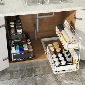 Estante de Metal para especias para cocina y baño, estante de alambre deslizante de 2 niveles, cesta extraíble debajo del fregadero, organizador de armario