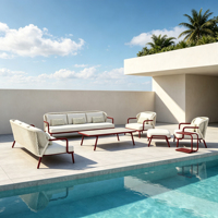 Ensemble de canapés d'extérieur modernes avec chaise longue, canapé 3 places et table basse, meubles de jardin pour villa, hôtel, complexe hôtelier
