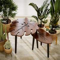 Tables d'appoint gigognes 2 pièces en forme de feuille, tables basses modernes en bois pour salon, bureau à domicile et salle à manger
