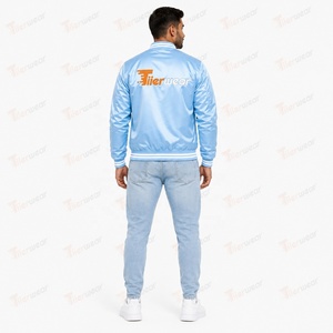 Chaqueta Varsity de Satén Azul Claro para Hombre, Chaqueta Varsity de Béisbol de Satén, Bordada, Cierre de un Solo Botón, Deportiva, Otoñal - Product Image 4