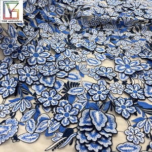 Tela nupcial para vestido de novia, elegante, multicolor, con flores 3D, encaje azul marino, tul bordado, tela de malla. - Product Image 6