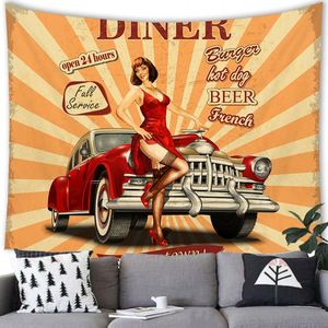 Tapiz Vintage Estilo Americano con Estampado Retro de Autos y Camareras, Decoración de Pared con Textura de Piel de Durazno, Ideal como Fondo para Sala de Estar o Bar - Product Image 3