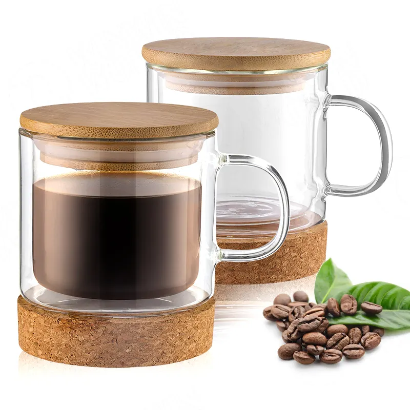 Milieuvriendelijke Hittebestendige Dubbelwandige Glas Koffie, aangepaste Ontwerp Goedemorgen Glas Mok Met Kurk Bodem & Bamboe Deksel