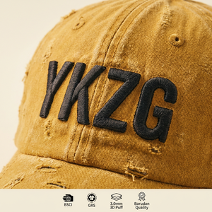 หมวกแก๊ปทรงแด๊ดฮัทสีเหลืองมัสตาร์ดแบบวินเทจ ยี่ห้อ YKZG ผ้าฝ้ายฟอกสี แต่งขาดสไตล์สตรีทแวร์ พรีเมียม ขายส่ง - Product Image 2
