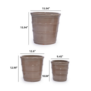 Juego de 3 macetas de cerámica hechas a mano de 16, 13 y 10 pulgadas de diámetro, color taupe con anillos horizontales para suculentas, hierbas, interior y exterior. - Product Image 3