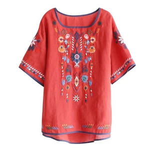 T-shirt à manches courtes pour femme, style ethnique, en coton et lin brodé, rétro, <span class=keywords><strong>littéraire</strong></span> et artistique, ample et polyvalent, pour l'été - Product Image 5