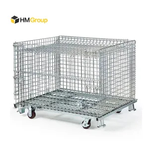 Collapsible Steel Stackable Metal Storage Wire Pallet Cage With Wheels