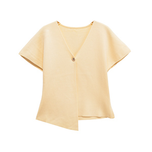 V Cổ Nút Duy Nhất Ngắn Tay Áo Màu Vàng Thời Trang Giản Dị Tops Áo Cho Phụ Nữ - Product Image 1