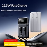 Mini batterie externe 10000mAh 22.5W PD à charge rapide avec 2 câbles intégrés, affichage numérique, ultra-mince, portable, sortie USB-C