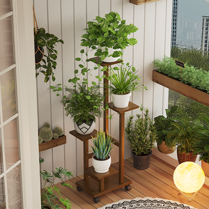 Support à plantes <span class=keywords><strong>en</strong></span> bambou à 5 niveaux, <span class=keywords><strong>porte</strong></span>-pots de fleurs multi-étages avec roulettes - Product Image 4