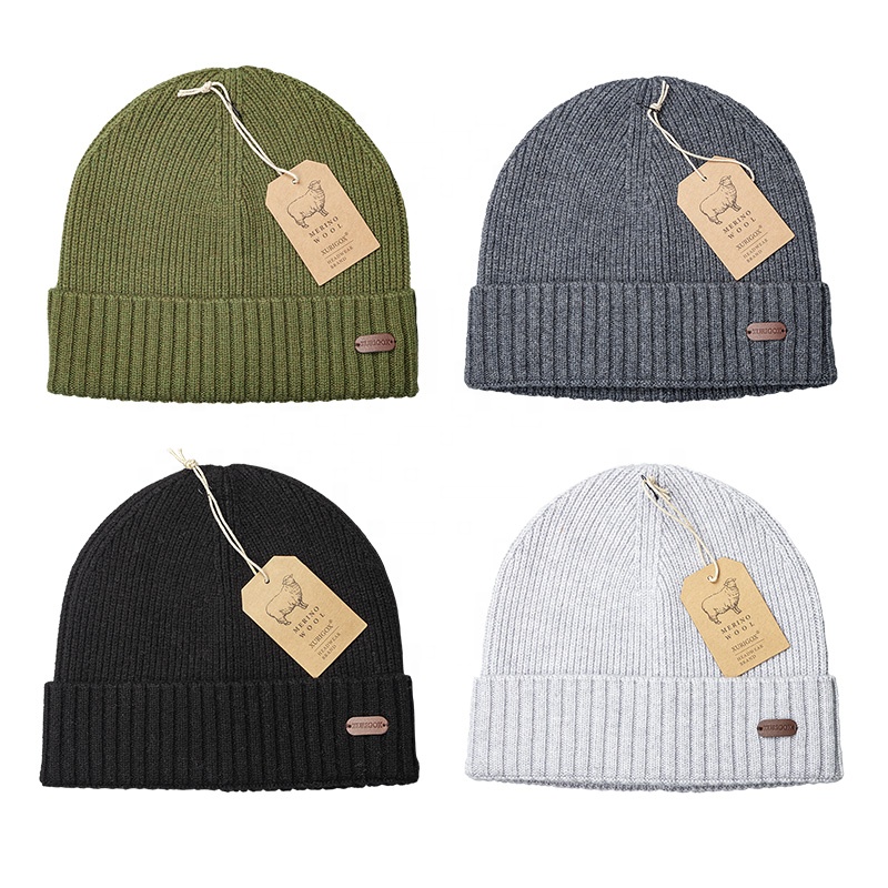 Gorro de inverno personalizado com punho de lã e costela, chapéu de ski premium de alta qualidade 100% lã merino de malha para homens