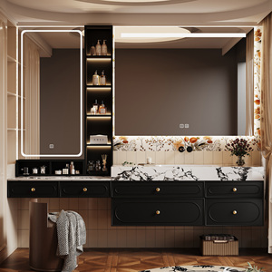 Mueble de Baño de Estilo Retro Francés, Gabinete de Madera Maciza, Encimera de Piedra Sinterizada Integrada, Espejo Inteligente, para Hotel o Villa - Product Image 1