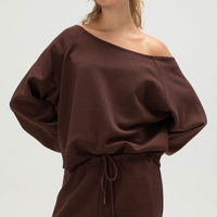 Sweat-shirt décontracté pour femme, marron chocolat, à épaules dénudées, manches chauve-souris, coupe ample, avec logo brodé personnalisé