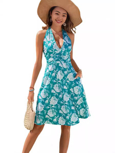 Robe mini polyvalente à imprimé bohème, coupe trapèze, ajustée, taille haute, col en V, sans manches, respirante et lavable - Product Image 1